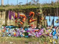 847107 Afbeelding van graffitiwerken op een muur bij de tijdelijke jongerenplek 'Teen Spot' onder het Berlijnplein bij ...